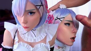 Kawaii maid in sexy cosplay serves deepthroat blowjob to her boss