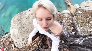 A cute girl passionately sucks her ex-boyfriend's dick on the ocean shore in this steamy scene