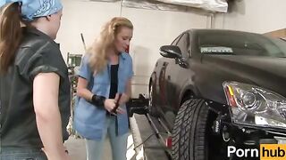 Two sexy lesbians have lesbian sex right in the garage, diving deep with passion