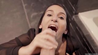 Extra small brunette Danika Mori shakes above a big cock