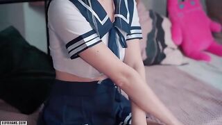 Kawaii schoolgirl gets her pussy filled with cum and facial by a hot actor