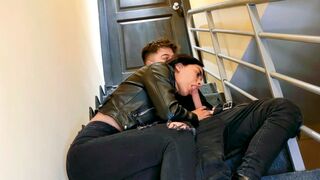 The couple has sex on the stairs of their apartment, getting caught