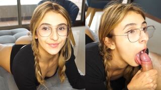 The cute girl receives a huge cock and throat pie