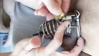 Prostate milking with shocking estim and chastity play