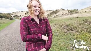 Exhibitionist beauty nearly gets caught while wanking on the beach in public