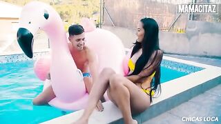Petite brunette Andreina Deluxe gets banged hard by a huge dick at the pool