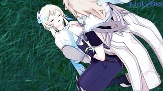 Aether and Futa Lumine fuck Paimon in the meadow at night - Genshin Impact Hentai