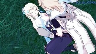 Aether and Futa Lumine fuck Paimon in the meadow at night - Genshin Impact Hentai