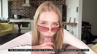 Pretty babe wears glasses and fucks with her boyfriend, getting cum on her face