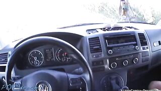A chick hitchhiking got into a car and had to pay with her pussy