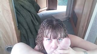 Lavender Joy gets on her knees to suck and choke on a cock