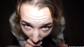 Petite Mona Blue gets her throat full of sticky cum in public