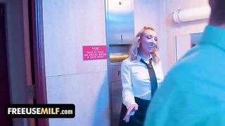 The hot bathroom attendant is giving extra service to the customers