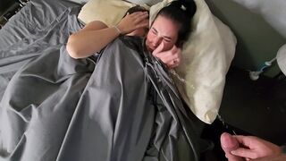 Two girls are peeing their panties while making out on the bed