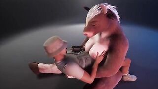 A wild cow in a furry suit is milking the ranger
