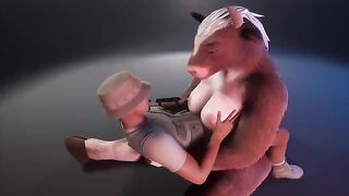 A wild cow in a furry suit is milking the ranger