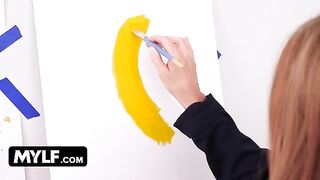 Artistic MILF with big tits seduces her nude painting male model in a steamy scene