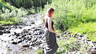 A teen redhead girl gets banged outdoors and creampied