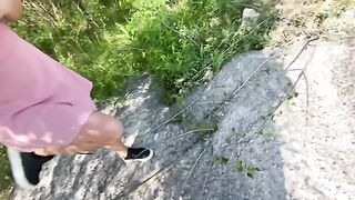 A naughty girl was picked up and fucked outdoors, her big pussy lips drenched in cum