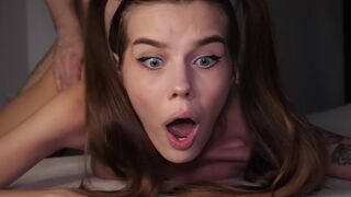 Petite teen caught in anal sex act, struggling with intense experience and huge size
