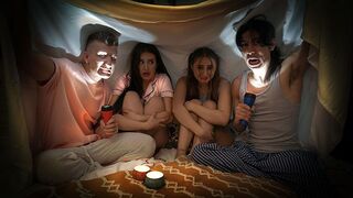 Naughty boys frightened and fucked Penelope and Aubrey in a spooky story