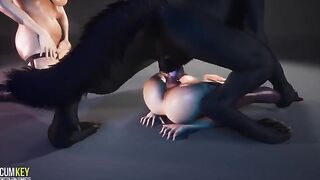 Busty girls satisfy the werewolf in this wild 3D anime scene