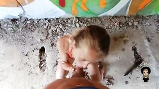 A chick is fucking with a guy in an abandoned building