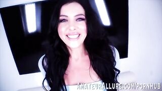 Theodora Day, sexy brunette with blue eyes, gets cock sucked and rides it