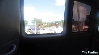 Queen Rogue rides big cock on a bus full of fans in this hot video