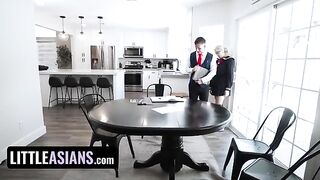 A nerdy Asian with big natural tits gets fucked by a cool college boy in this hot scene
