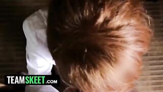 A red-haired housekeeper, Abbey Rain, gets on her knees and swallows