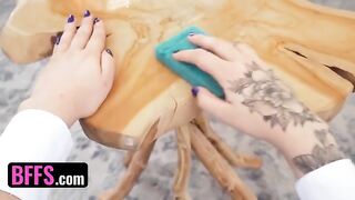 Four sexy sugar babes in maid uniforms share a big cock in an intense session
