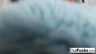 Small-breasted blonde beauty Elsa Jean caresses her shaved pussy in a sensual scene
