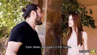Red-haired beauty gets fucked by the father of her BF