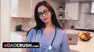 A stepdaughter in a nurse uniform tests her stepdad's ability to control his ejaculation