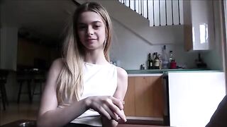 The petite girl practices with her stepdad using her mouth