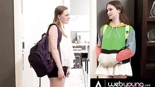 Horny teen Hazel Moore eats her busty bestie's pussy in classroom