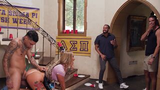 Hot busty housekeeper gets fucked hard by college frat boys in a rough gangbang
