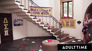 Hot busty housekeeper gets fucked hard by college frat boys in a rough gangbang