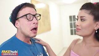 Hot Indian British model licks cum from dork's glasses after he masturbates and comes on his face