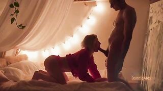 A couple engaged in passionate sex, with the man finishing inside