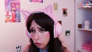Gamer girl in Dva cosplay masturbates with a dildo while playing Overwatch