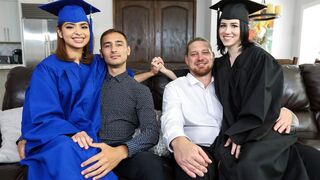 Two step-daughters are getting fucked hard by their dad for graduation