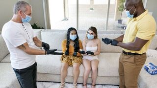 Two step-daughters get their pussies washed and fucked by their daddies in a steamy swap