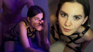 Hot brunette gets a cumshot on her face after sucking dick