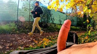 A guy flashed his cock in the park and a hot MILF gave him a titty fuck