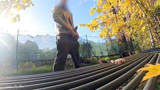 A guy flashed his cock in the park and a hot MILF gave him a titty fuck