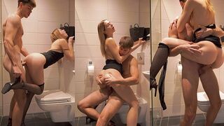 Pervert guy fucks his stepsister in the bathroom wearing sexy mini dress and stockings
