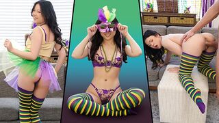 Petite Lulu Chu gets her pussy stuffed with a huge cock on Mardi Gras