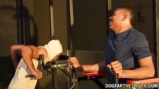 Kay Carter gets fucked by two black guys in the gym